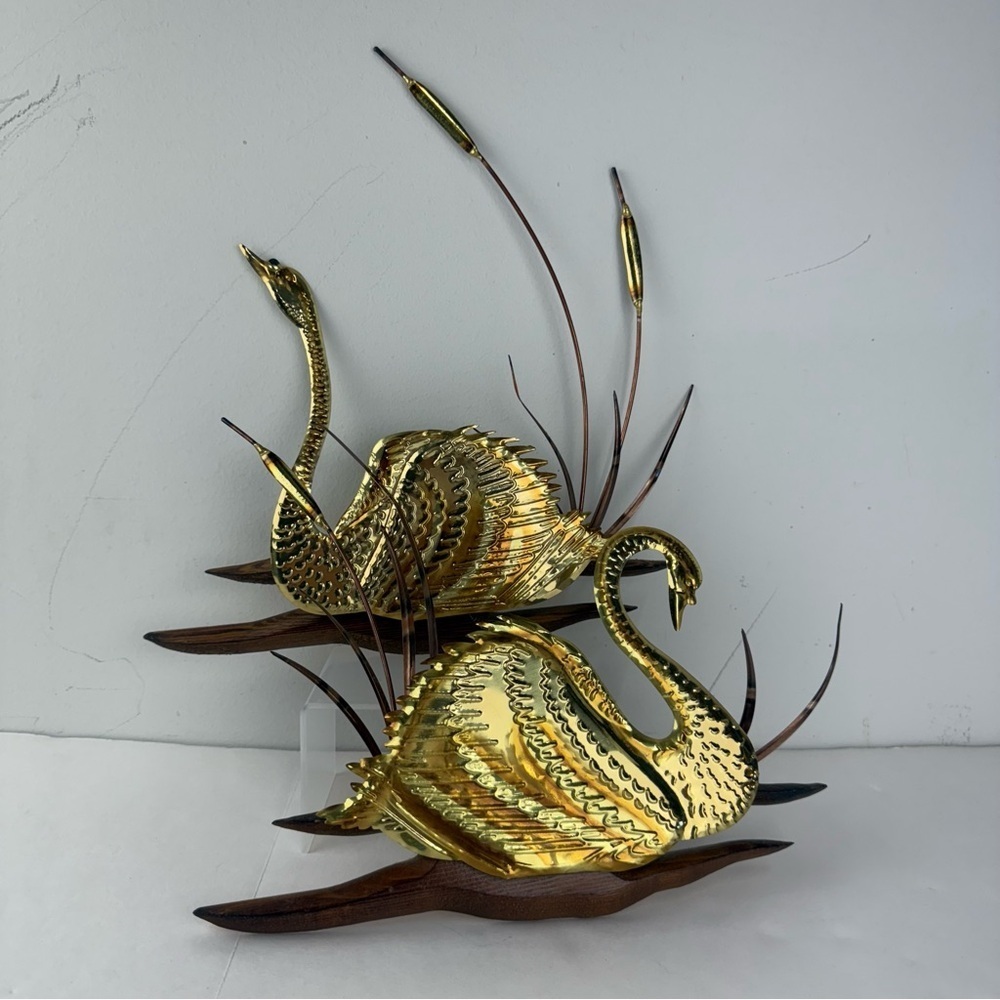 Mid Century Modern Vintage Brass and Wood Swan Wall Hanging LOT OF 2 Retro